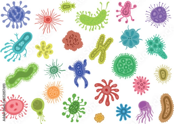 Obraz A colorful vector illustration featuring a diverse collection of bacteria in the gut microbiome, showcasing various shapes, sizes, and colors