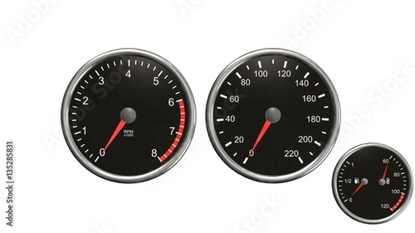 Fototapeta Tachometer , speedometer, fuel and temperatur.  Round gauges in chrome frames isolated on white background