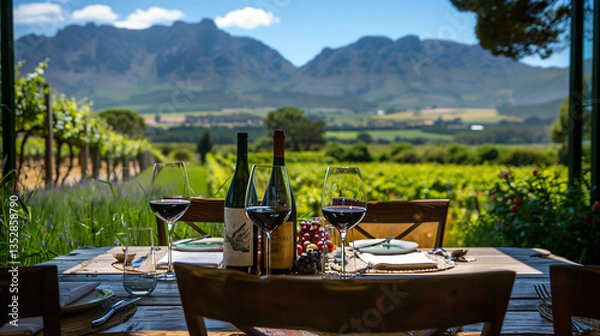Fototapeta Wine glasses are on a table in front of a beautiful landscape