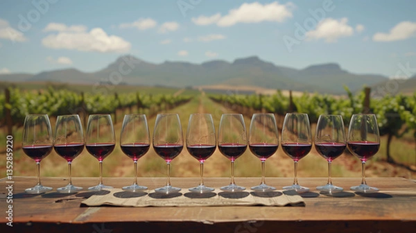 Fototapeta Wine glasses are on a table in front of a beautiful landscape
