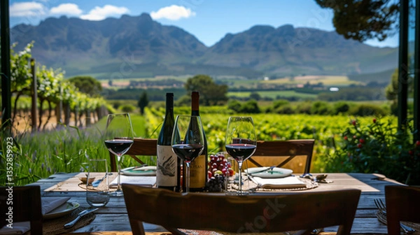 Fototapeta Wine glasses are on a table in front of a beautiful landscape