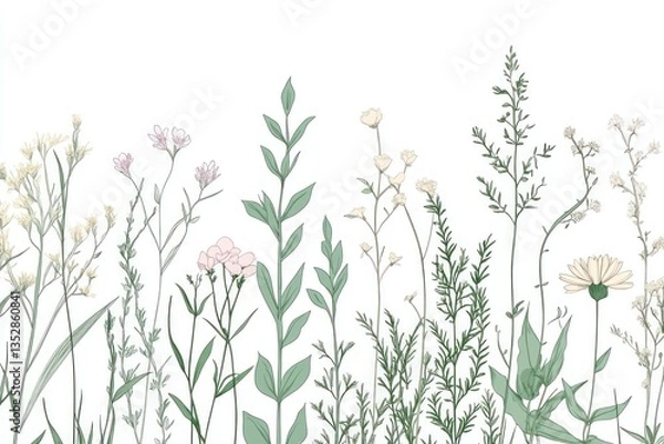 Fototapeta A minimalist illustration of various colorful wildflowers and foliage