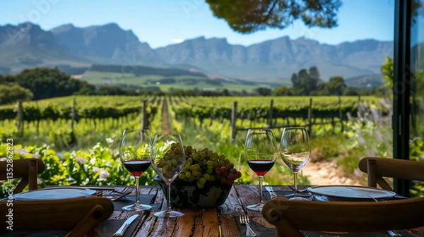 Fototapeta Wine glasses are on a table in front of a beautiful landscape