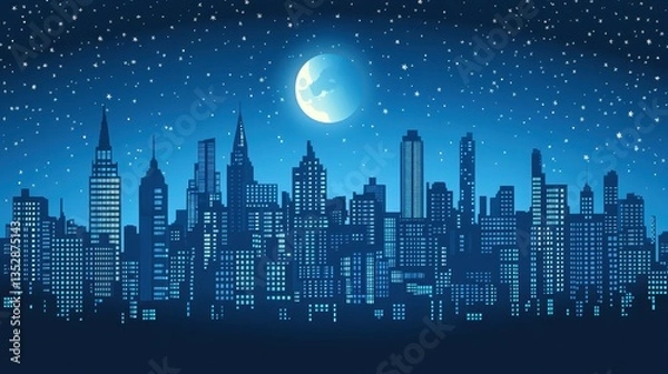 Obraz Moonlit Metropolis City Skyline at Night.