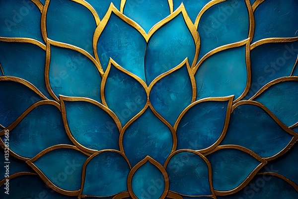 Fototapeta Blue and gold lotus pattern: layered stylized petals radiating outwards creating an elegant symmetrical design with contrasting textures.