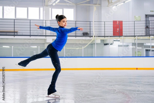 Fototapeta A young girl is skating on ice with a smile on her face.