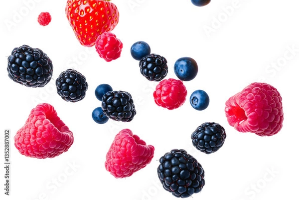 Fototapeta mix of fresh berries including raspberries, blackberries, and blueberries floating in air isolated png transparent cutout