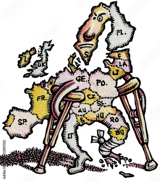 Fototapeta map of europe on crutches with greece bandaged