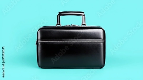 Fototapeta Sleek black briefcase on a light blue surface, minimalist and modern design