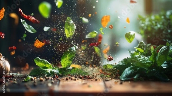 Fototapeta Fresh Herbs and Spices Falling on Wooden Table