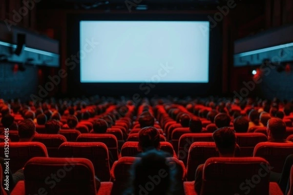 Fototapeta A movie theater filled with people watching a blank screen, creating an atmosphere of anticipation and cinematic experience.