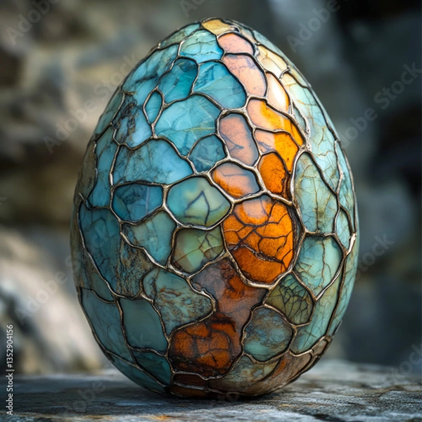 Obraz Intricate dragon egg reveals artistic splendor through a mesmerizing blend of aquamarine, amber, and earthy tones in a hyper-realistic portrayal