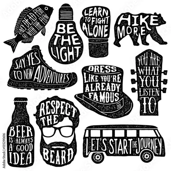 Obraz set of hand drawn vintage labels with textured illustrations and inspirational quotes