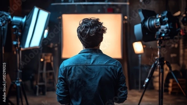 Obraz Filmmaker studio shoot setup; lighting, camera, backdrop