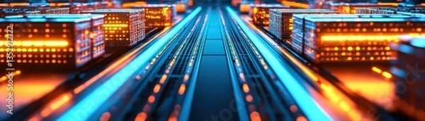 Fototapeta Vibrant neon circuit board flowing through technology