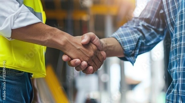 Fototapeta A construction engineer shaking hands with a contractor at a newly developed site, symbolizing project approval