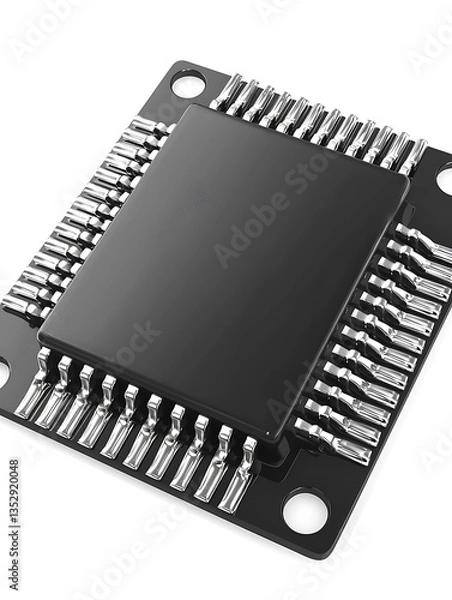 Fototapeta Close-up of a black square integrated circuit chip with silver pins isolated on a white background.