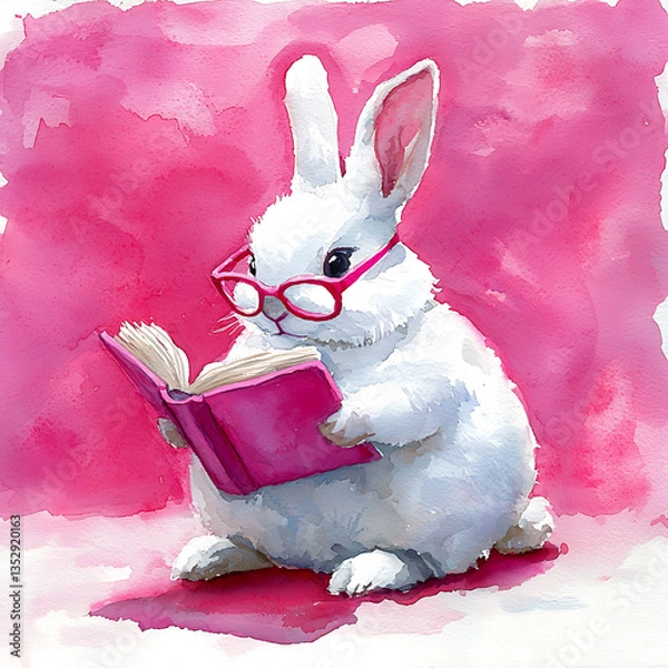 Fototapeta A white rabbit wearing pink glasses sits reading a book all rendered in soft watercolor against a matching pink background.