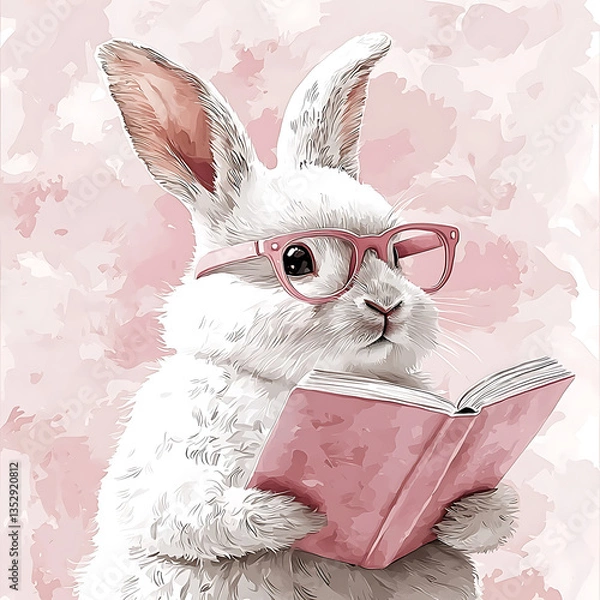 Fototapeta A fluffy white rabbit wearing pink glasses engrossed in reading a pink book against a soft pink watercolor backdrop.