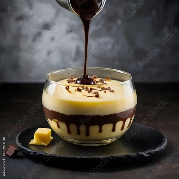 Fototapeta Delicious vanilla dessert with pouring chocolate sauce and chocolate chips