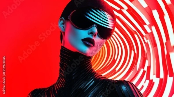 Obraz Futuristic woman in goggles, red swirl background.
