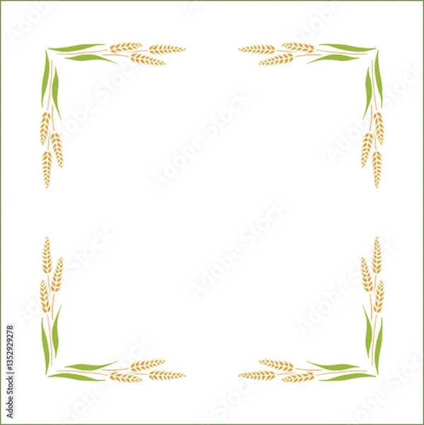 Fototapeta Elegant yellow ornamental frame with cereal spikelets, wheat ears, decorative border, corners for greeting cards, banners, business cards, invitations, menus. Isolated vector illustration.	