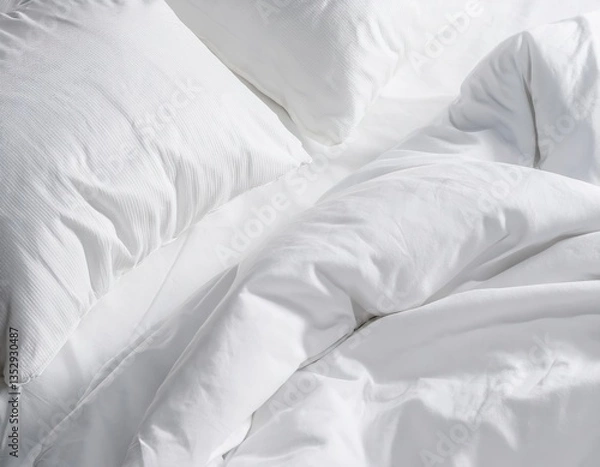 Obraz Crisp white bedding with cozy pillows and soft duvet in sunlit room