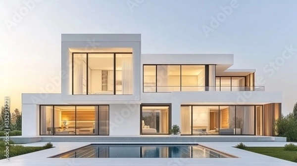Fototapeta Modern Architectural Masterpiece: Luxurious White House with Pool