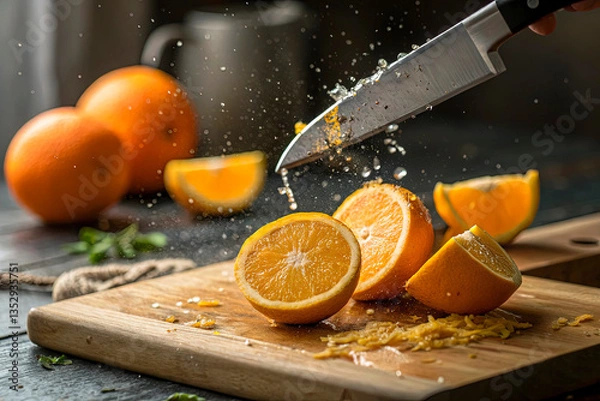 Obraz A high-speed shot capturing the precise moment a knife slices through a juicy orange, sending droplets of citrus juice into the air. The scene is brightly lit, emphasizing the fresh, vibrant textures