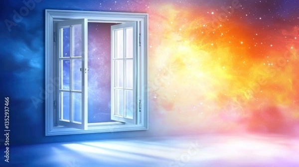 Obraz Open window shows contrasting cosmos views, one bright, one dark, with light