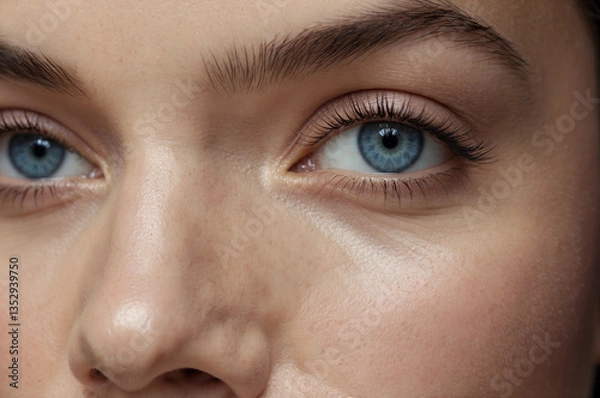 Obraz Close-Up Portrait of Person with Defined Features and Blue Winged Eyeliner, Soft Makeup Look on Neutral Background