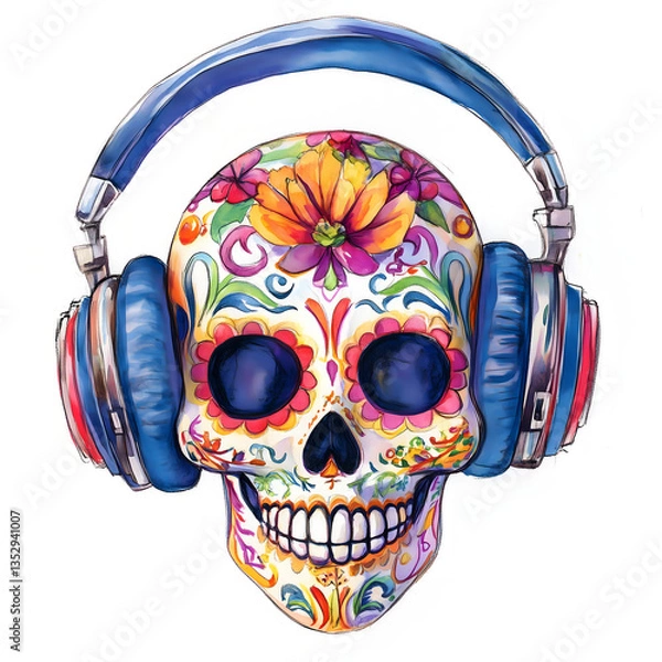 Fototapeta Colorful sugar skull with headphones enjoying music for cinco de mayo, the mexican holiday