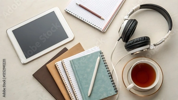 Fototapeta Overhead view of tablet notebooks headphones tea cup and pencils on a white surface