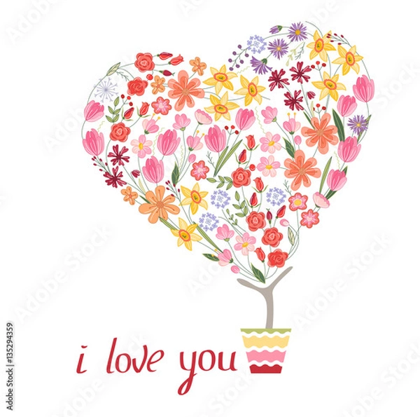 Fototapeta Stylized tree in cute flower pot. Topiary with heart made of different flowers