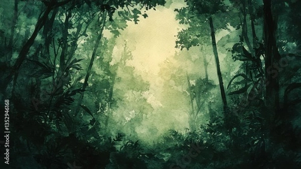 Fototapeta Dark Green Jungle Forest with Light Path