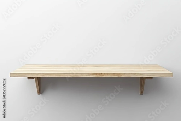 Fototapeta Empty light-colored wooden shelf against a plain white wall