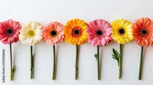 Fototapeta Row of gerbera daisies in vibrant colors against a clean white background