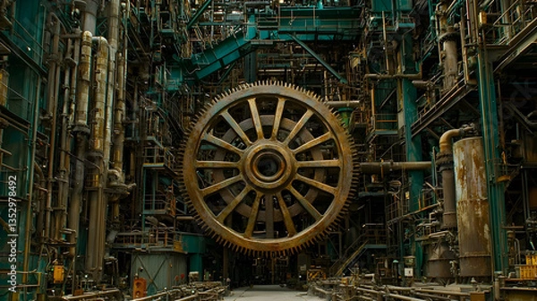 Obraz Massive industrial gear in a factory; intricate machinery and pipes fill the background; potential use for industrial or steampunk themes