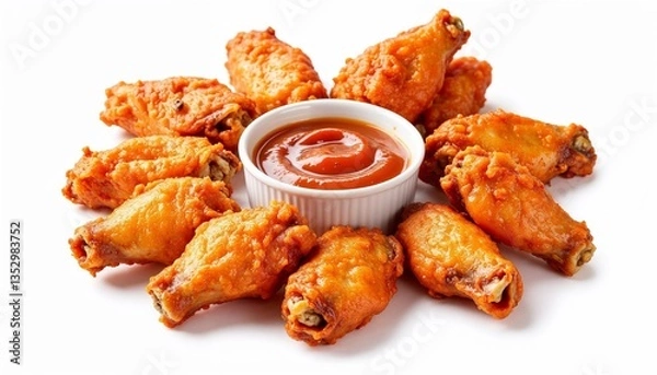Obraz spicy buffalo chicken wings arranged in circle around dipping sauce, classic beer snack or party appetizer for sports bar menu