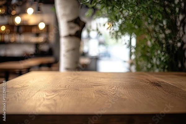 Fototapeta Empty wooden table in a cafe.  Blurred background of a restaurant interior with bar and plants