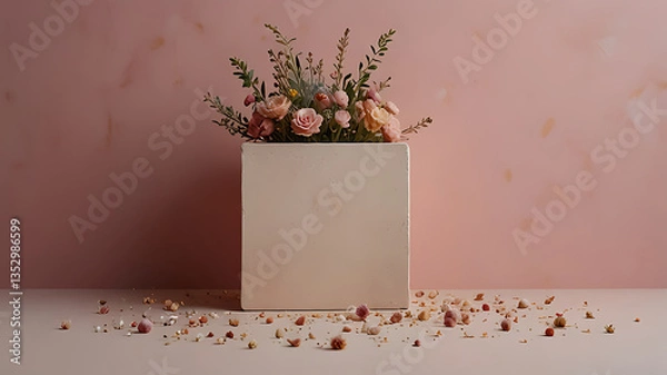 Fototapeta Delicate Flowers in a Square Vase with Scattered Petals and Stones

