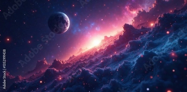 Fototapeta Cosmic landscape of stars, planets, and galaxies in a vast outer space, star clusters, astronomy