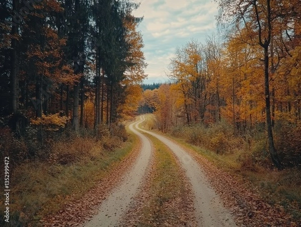 Fototapeta Autumn path winding through a vibrant forest landscape, showcasing nature's beauty and serenity under a soft sky.