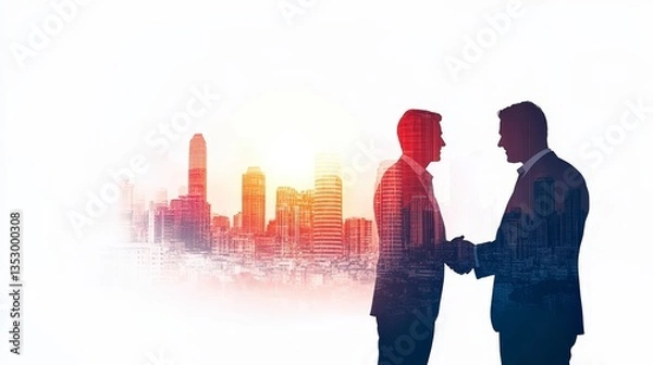 Fototapeta Silhouetted figures shaking hands in front of a city skyline, symbolizing business partnership and collaboration.