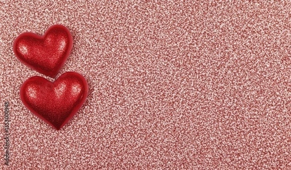 Obraz Two red hearts on rose gold glitter; Valentine's greeting card design
