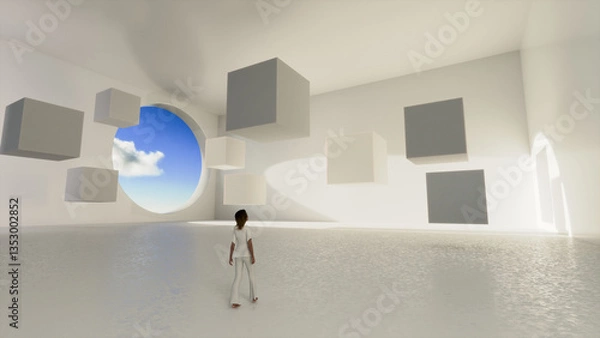 Fototapeta Surreal 3d render of a large white room with white cubes floating in space in the room.  A young woman looks up at the sight.