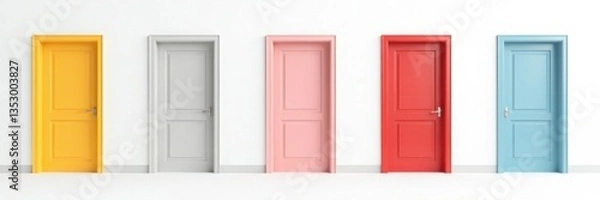 Fototapeta Doors of varying sizes open and closed on a white background , architecture, empty space, interior design
