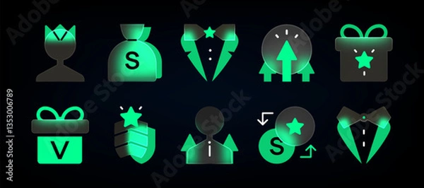 Fototapeta Glassmorphism Blurry green VIP icons. Symbols of achievement, rewards, and financial success. Realistic glassmorphism UI icons set. Game Rewards and Status Icons on the black background .  