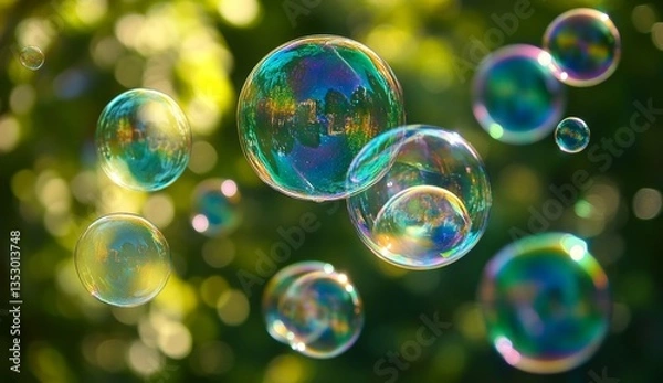 Obraz Colorful soap bubbles floating in green park background