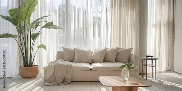 Fototapeta Cozy Living Room: A serene and inviting living space bathed in natural light, featuring a stylish beige sofa adorned with soft pillows and throws.
